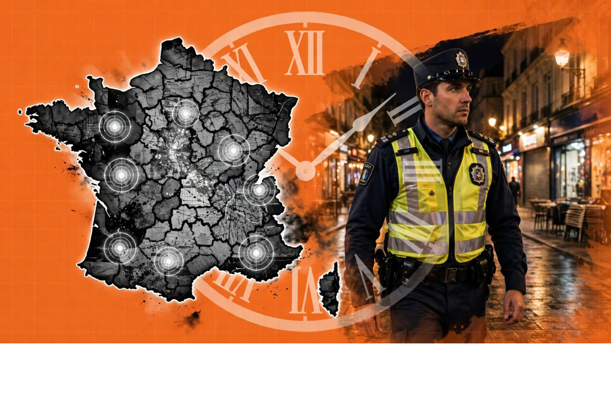 Policier municipal en gilet jaune fluo patrouillant dans une rue commerçante fermée la nuit à Paris. Le couvre-feu instauré après les pillages de magasins Fnac, Darty et Monoprix vise à ramener le calme, avec contrôles et amende de 750 euros à Toulouse.