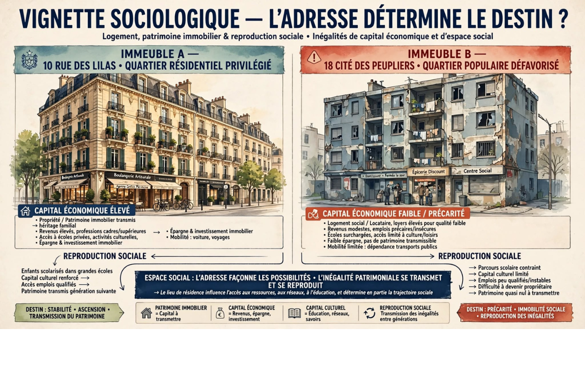 Illustration abstraite capital économique reproduction sociale espace social, réseau de points connectés symbolisant relations sociales, balance et pièces au centre, trajectoire adresse vers destin, fond beige épuré.